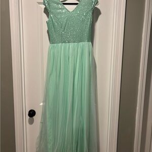 Tulle +  Sparkles Mint Green Pleated Long Dress Gown Medium
